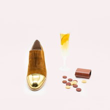 Load image into Gallery viewer, Women's tan suede oxfords with shiny gold toe
