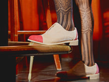 Load image into Gallery viewer, Pink velvet oxfords worn with black lacy tights