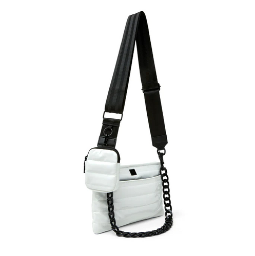 White patent quilted crossbody bag with chain