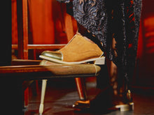 Load image into Gallery viewer, Tan suede & gold oxfords worn with black lacy dress