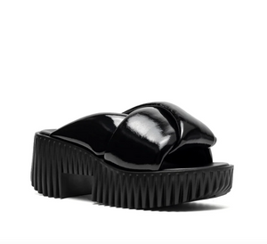 Shiny black leather platform mule sandal