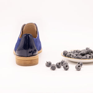 Navy suede oxfords with patent heel