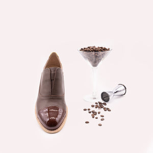 Brown oxfords with patent leather toe