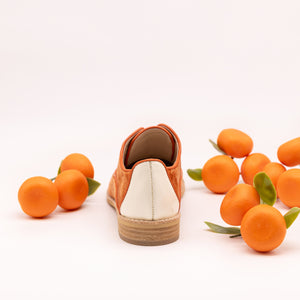 Orange velvet oxfords with patent heel