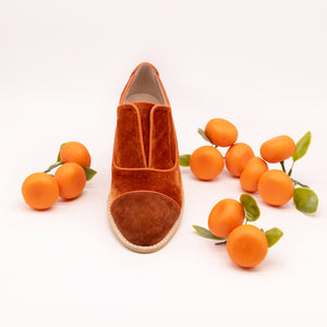 Orange velvet oxfords with suede toe