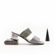 Grey mesh and leather sandal with silver heel