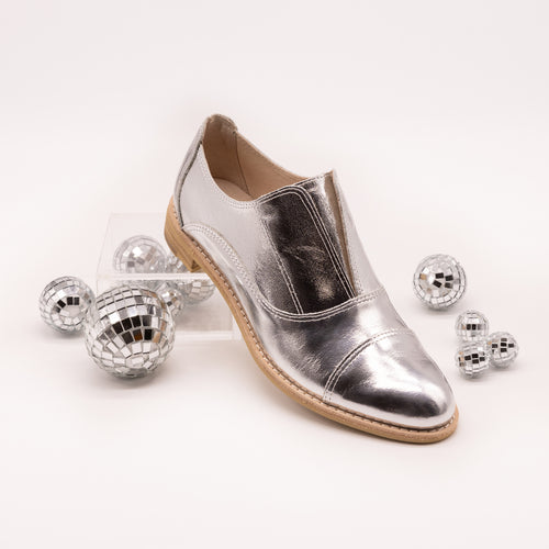 Shiny silver leather oxfords