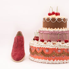 Load image into Gallery viewer, Dark red suede oxfords next to cake