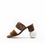 Side view of brown suede and mesh sandal 