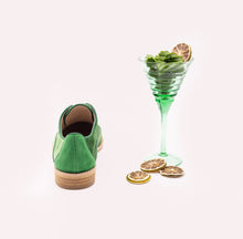 Load image into Gallery viewer, Green suede heel detail