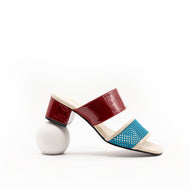 Turquoise mesh and red patent leather sandal