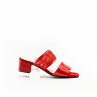 Side view of red mesh and red patent sandal
