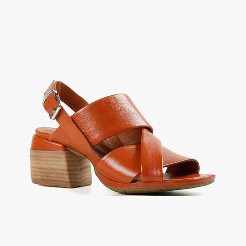 Orange Leather wide straps with block wood heel