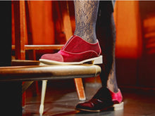 Load image into Gallery viewer, Burgundy velvet oxfords worn with black lace tights