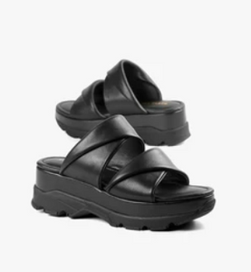 Side view of black flatform slide sandals 