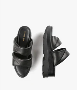 Top and side view of black slide sandals