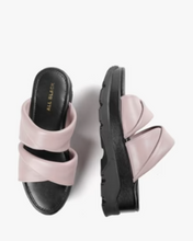 Load image into Gallery viewer, Top and side view of purple slide sandals with black sole