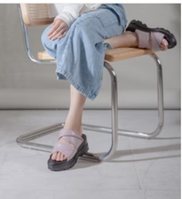Load image into Gallery viewer, Purple slide sandals worn on model