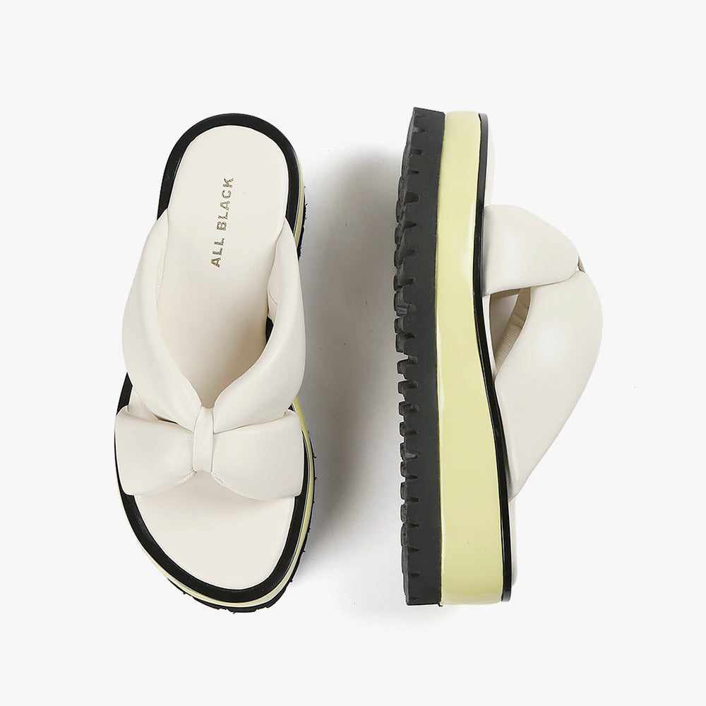 Ivory leather slide sandal with yellow and black sole