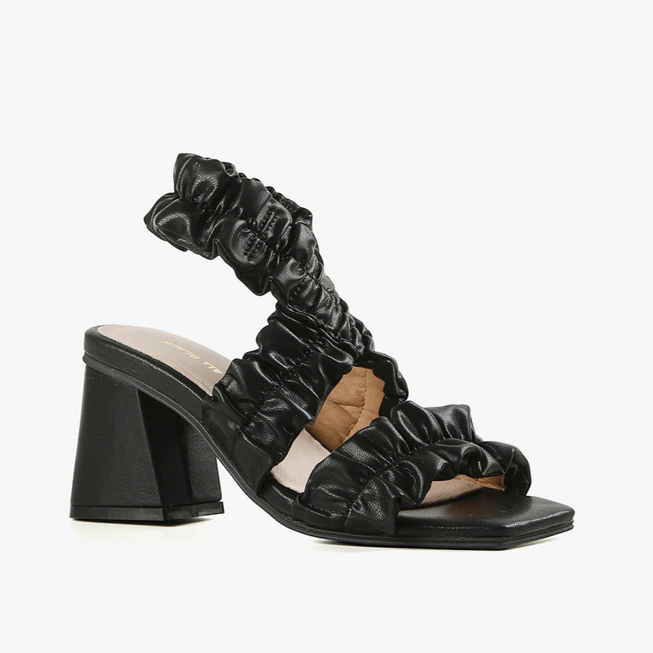 Black Leather Ruched Sandal