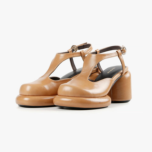 Tan leather t-strap mary jane platform shoes