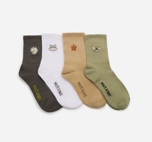 4 embroidered socks in grey, white, beige & green