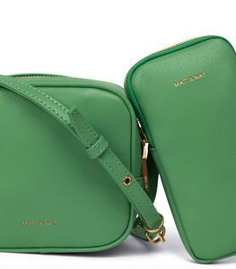 Green vegan leather crossbody bag and pouch