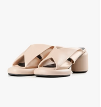 Load image into Gallery viewer, Pink satin and leather mule heels