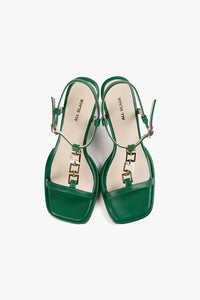 Square Toe Green Leather Sandals