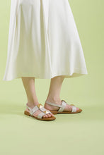 Load image into Gallery viewer, White Leather Studded Sandals worn with skirt