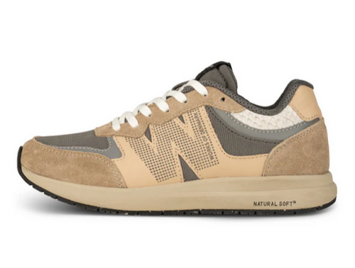 Tan and grey lace up sneaker side view