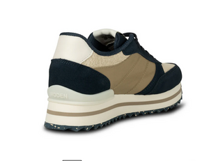 Back view of navy suede & beige sneaker