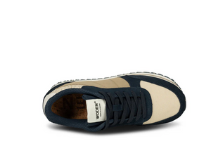 Top view of lace up navy multi sneaker 
