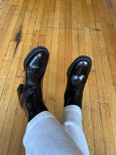 Load image into Gallery viewer, Shiny burgundy ankle boots worn with white pants