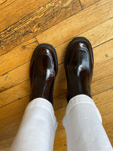 Load image into Gallery viewer, Burgundy Patent ankle boots with white pants