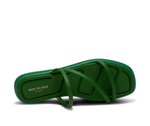 top view of green strappy sandal