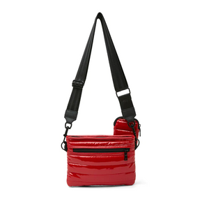 Red quilted crossbody bag with chain detail