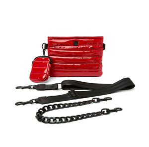 Red quilted crossbody bag with chain detail with various straps