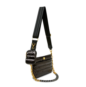 Dark Brown patent quilted crossbody bag with chain