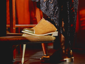 Tan suede & gold oxfords worn with black lacy dress