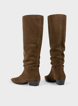 Load image into Gallery viewer, back view of brown suede slouchy boots