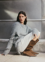 Load image into Gallery viewer, woman wearing grey outfit with brown suede boots