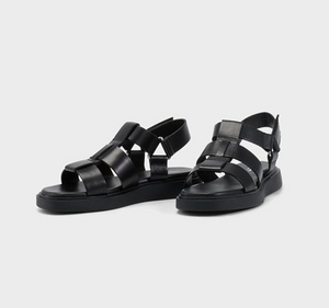 Pair of black flat sandals with three front straps