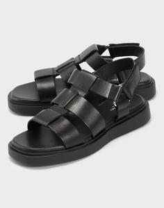 top view of black leather fisherman sandals