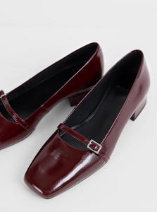 Square toe burgundy patent flat pumps