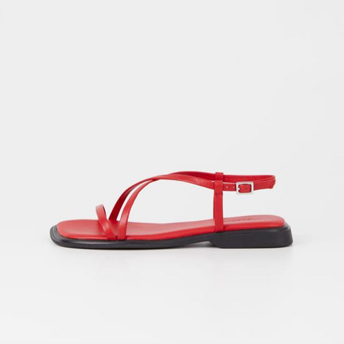 Red strappy flat sandals with black sole