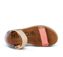 Load image into Gallery viewer, top view of pastel strappy sandal with tan sole