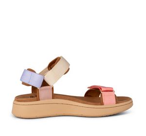 side view of sandal with multi colored pastel straps and tan sole