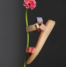 Load image into Gallery viewer, multi colored sandal hanging from pink flower