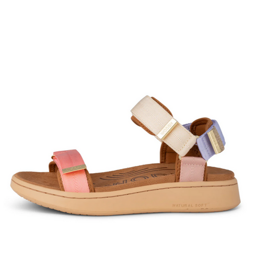 Sandal with pastel pink cream and blue straps with tan footbed and sole